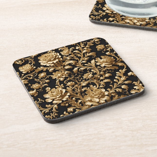 Elegant Opulence: Black and Gold Baroque Floral Coaster (Left Side)