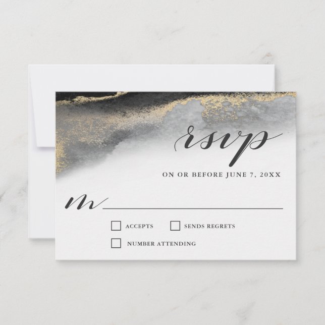 Elegant Opulence Black and Gold Marble Wedding RSVP Card (Front)