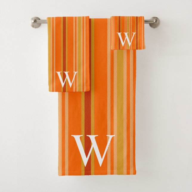 Elegant orang & brown stripes pattern monogram bath towel set (Insitu)