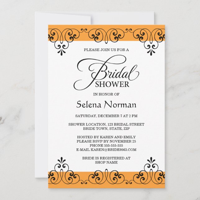 Elegant orange and black damask bridal shower invitation (Front)