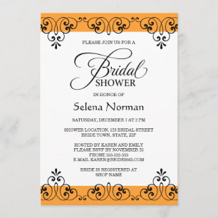 Elegant orange and black damask bridal shower invitation