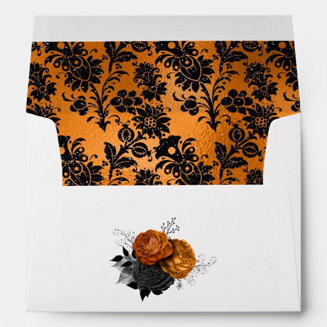Elegant Orange and Black Gothic Wedding Design Envelope (Back (Bottom))