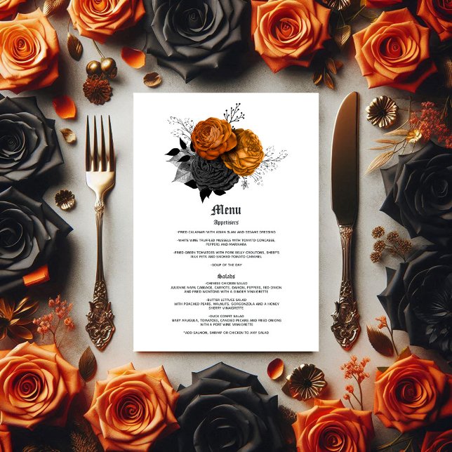Elegant Orange and Black Gothic Wedding Menu (Elegant Orange and Black Gothic Wedding Menu)