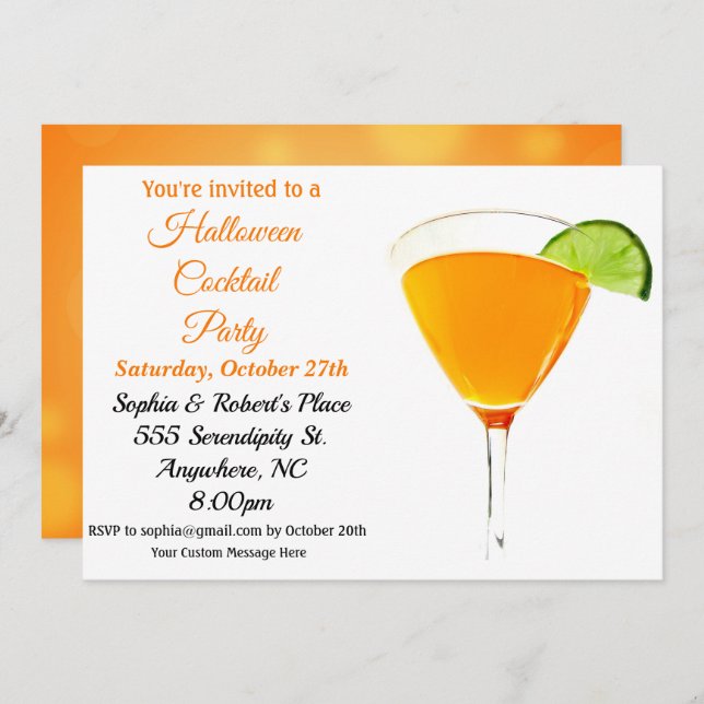 Elegant Orange and Black Halloween Cocktail Party Invitation (Front/Back)