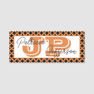 Elegant Orange And Black Lattice: Trendy Monogram Name Tag