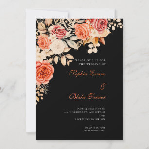 Elegant Orange and White Roses Black Wedding Invitation