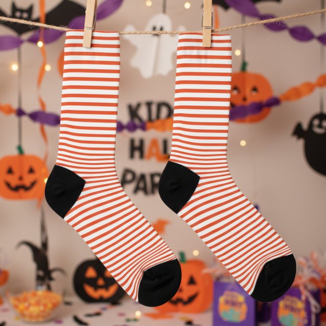 Elegant Orange and White Thin Stripes Socks (Fun Halloween Socks. Cute Trendy Fall Orange and White Stripes Pattern for Autumn. For Kids & Adults)