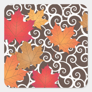 Elegant Orange Autumn Fall Leaves and Swirls Square Sticker