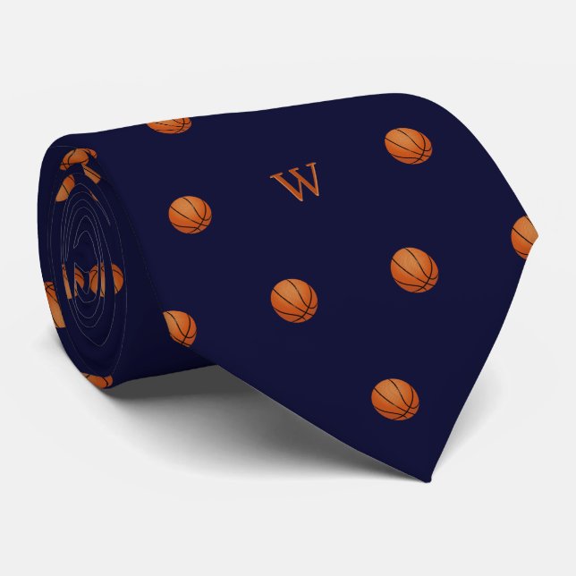 Elegant Orange Basketball Monogrammed Initial Blue Tie (Rolled)