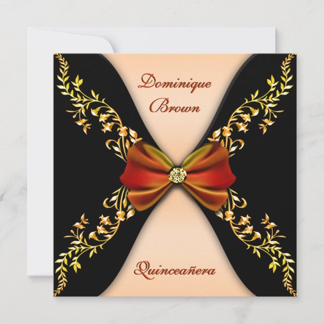 Elegant Orange Black Diamond Bow Quinceanera Invitation (Front)