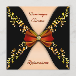 Elegant Orange Black Diamond Bow Quinceanera Invitation