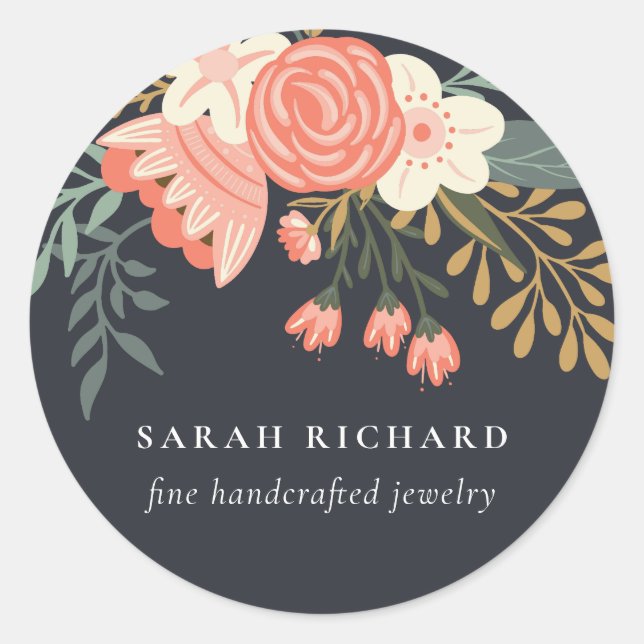Elegant Orange Blush Black Green Ambrosia Floral  Classic Round Sticker (Front)