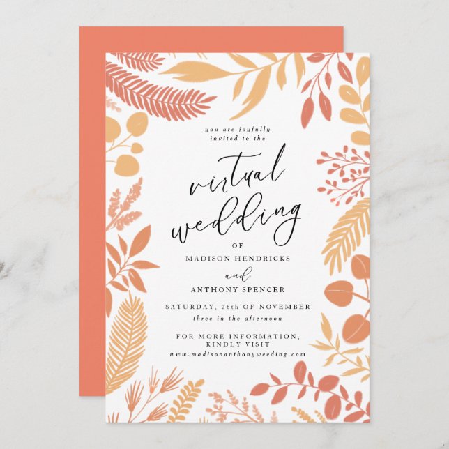 Elegant Orange Botanical Virtual Wedding Invitation (Front/Back)