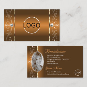 Elegant Orange Brown Squiggled Jewels Logo & Photo Business Card