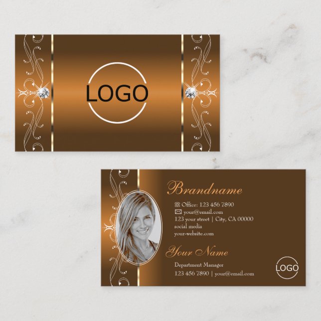 Elegant Orange Brown Squiggled Jewels Logo & Photo Business Card (Front/Back)