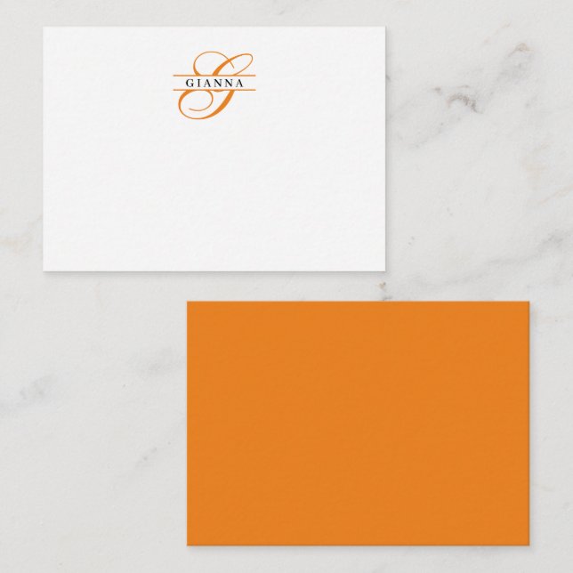 Elegant Orange Calligraphy Split Monogram Card (Front/Back)