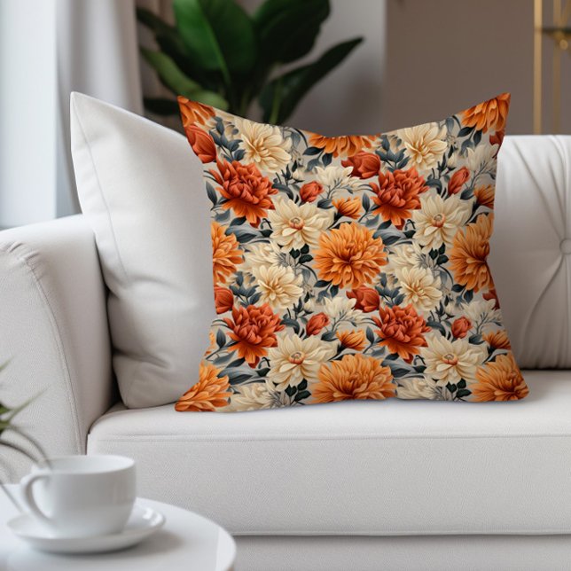 Elegant Orange Cream Teal Floral  Cushion (Burnt orange and cream watercolor floral decorator pillow)