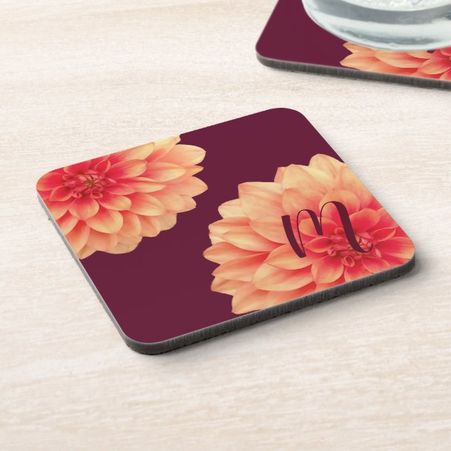 Elegant Orange Dahlias Flowers Burgundy Monogram Coaster (Left Side)