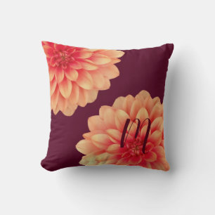 Elegant Orange Dahlias Flowers Burgundy Monogram Cushion