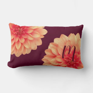 Elegant Orange Dahlias Flowers Burgundy Monogram Lumbar Cushion