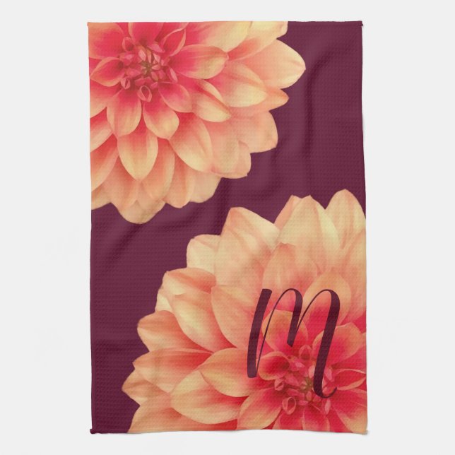 Elegant Orange Dahlias Flowers Burgundy Monogram   Tea Towel (Vertical)