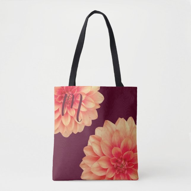 Elegant Orange Dahlias Flowers Burgundy Monogram  Tote Bag (Front)