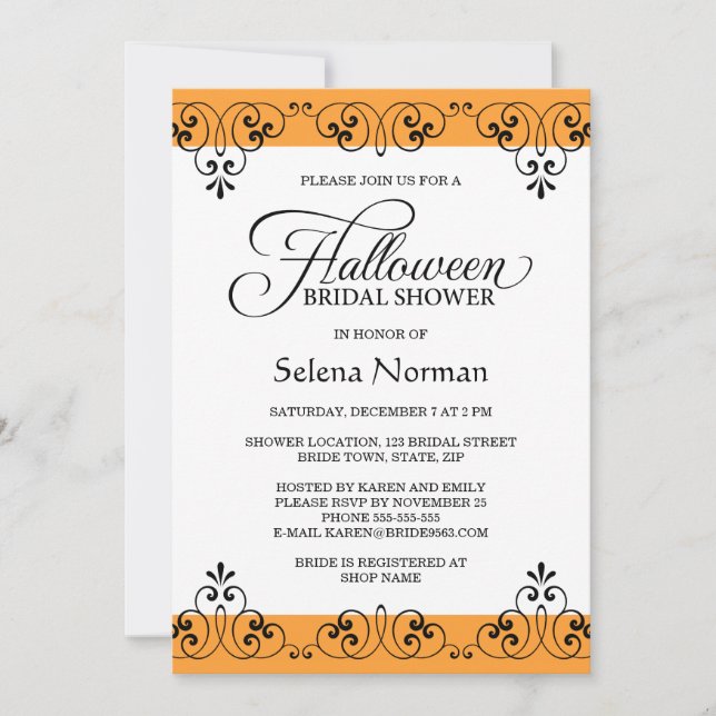 Elegant orange damask Halloween bridal shower Invitation (Front)