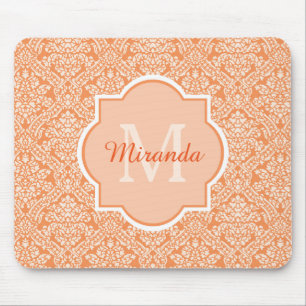 Elegant Orange Damask Pattern Monogram and Name Mouse Pad
