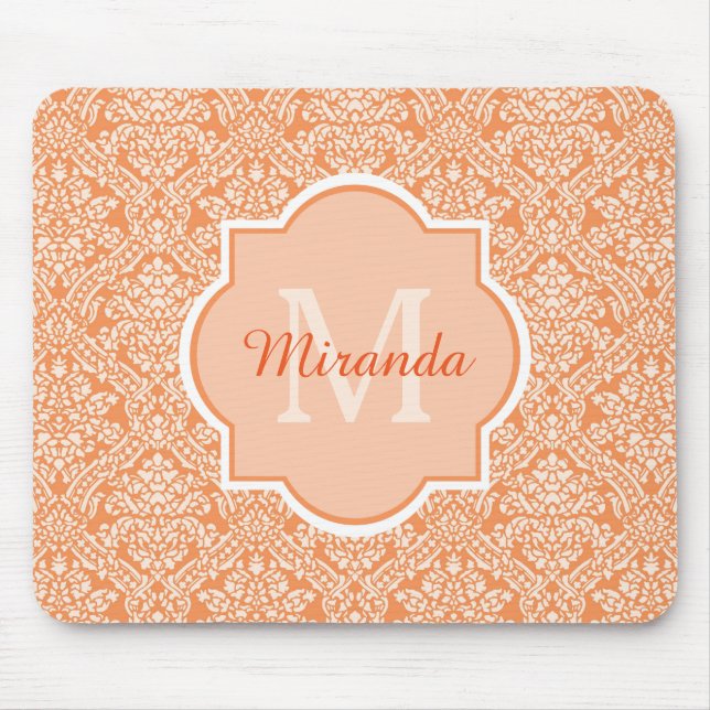 Elegant Orange Damask Pattern Monogram and Name Mouse Pad (Front)