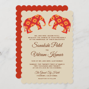 Elegant Orange Elephants Indian Wedding Invitation