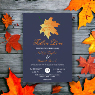 Elegant Orange Fall Leaves Blue Floral Wedding Invitation