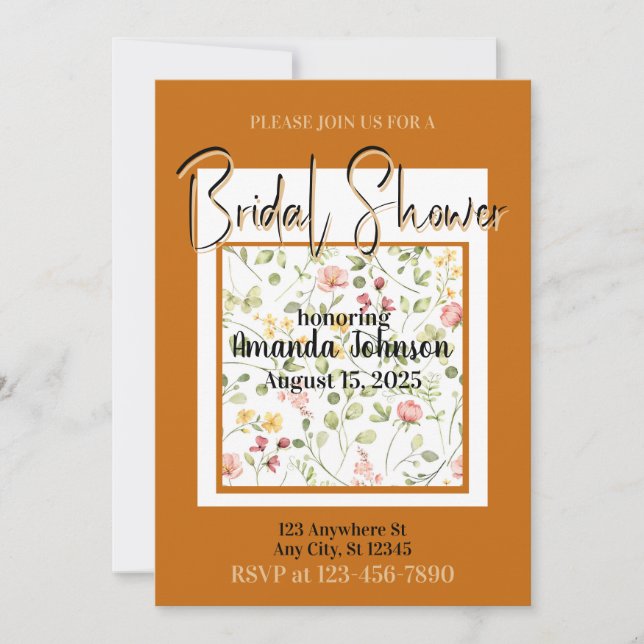 Elegant Orange Field Flowers Floral Bridal Shower Invitation (Front)