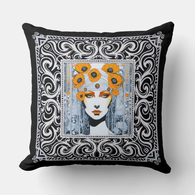 Elegant Orange Floral Art Deco Of A Beautiful Lady Cushion (Front)