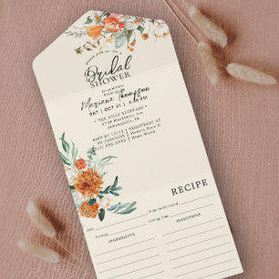 Elegant Orange Floral Bridal Shower & Recipe All In One Invitation