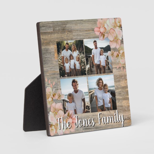 Elegant orange floral distressed wood four photo plaque (Front)