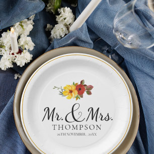 Elegant Orange Floral Mr Mrs Wedding Party Paper Plate