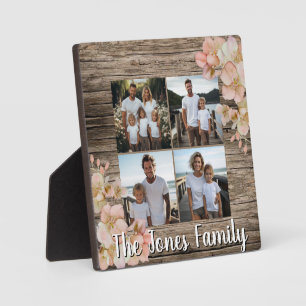 Elegant orange floral personalised four photo plaque