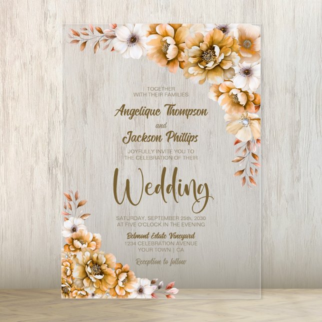 Elegant Orange Floral Wedding Acrylic Invitations (Creator Uploaded)