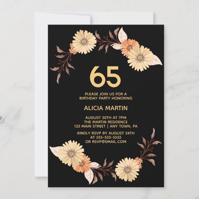 Elegant Orange Flower Gold Black Birthday Invitation (Front)