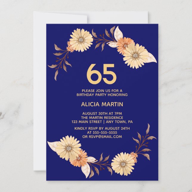 Elegant Orange Flower Gold Navy Blue Birthday Invitation (Front)
