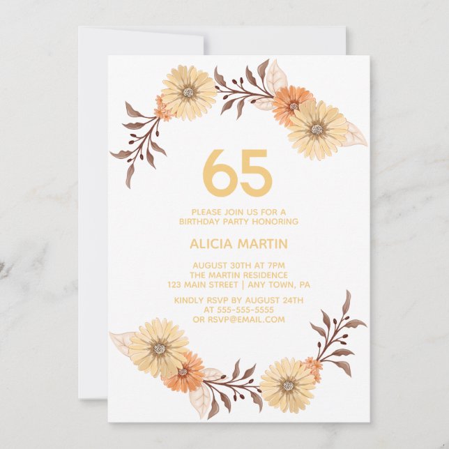 Elegant Orange Flower Gold White Birthday Invitation (Front)