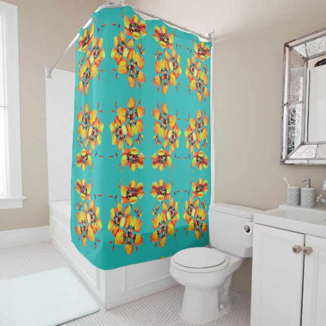 Elegant Orange Flowers - Aqua Shower Curtain (In Situ)