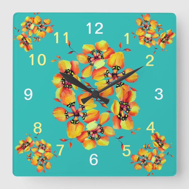 Elegant Orange Flowers - Aqua Square Wall Clock (Front)