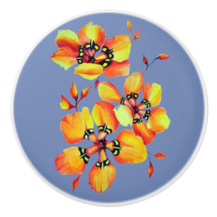 Elegant Orange Flowers - Blue Grey Ceramic Knob