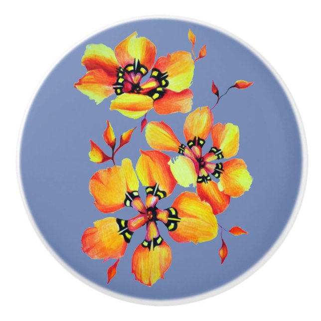Elegant Orange Flowers - Blue Grey Ceramic Knob (Front)