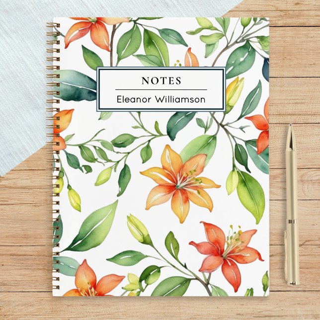 Elegant Orange Flowers Garden Lover's Personalised Notebook (A pretty, personalized notebook, with floral honeysuckle design in a watercolor style)