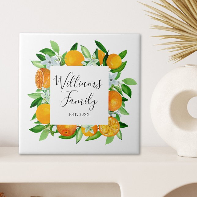 Elegant Orange Fruits and Flowers Summer Floral Ceramic Tile (Close up)