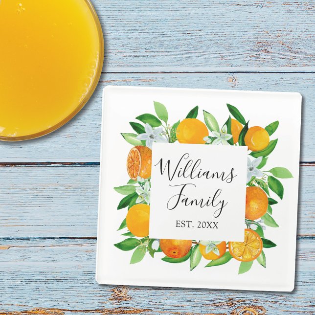 Elegant Orange Fruits and Flowers Summer Floral Glass Coaster (In situ)