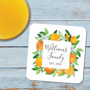 Elegant Orange Fruits and Flowers Summer Floral Square Paper Coaster