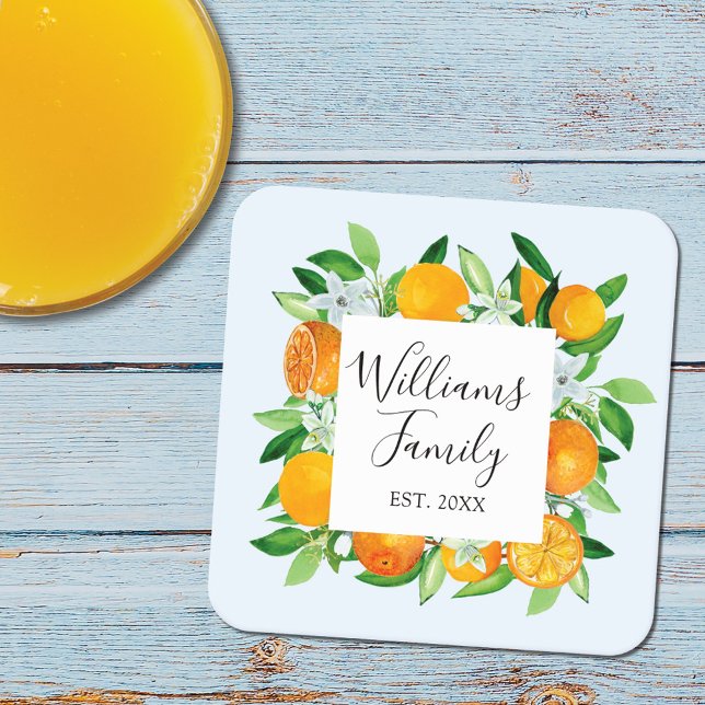 Elegant Orange Fruits and Flowers Summer Floral Square Paper Coaster (In situ)